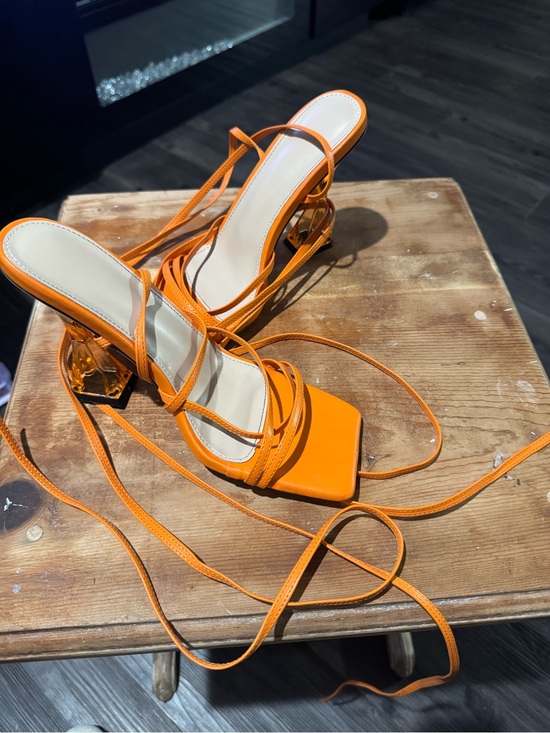 Shoes - Strappy Orange Lace-Up Women's Heeled Sandals